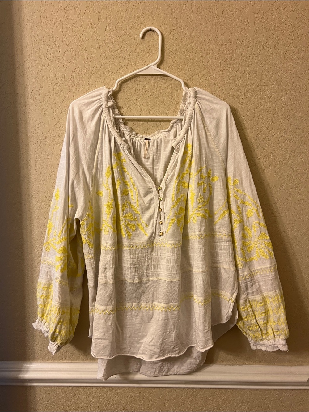 Free People White Peasant Blouse with Yellow Embroidery